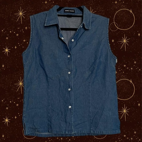 Navy blue denim button up vest with a collared neckline and button front - Picture 1 of 4